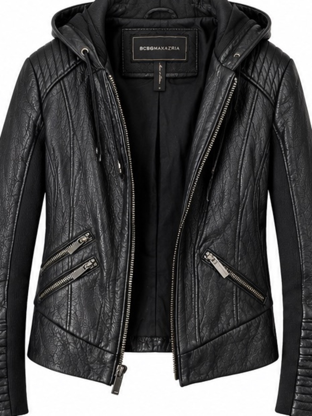 BGMAXAZRIA Black Genuine Leather Hooded Moto Puffer Jacket S